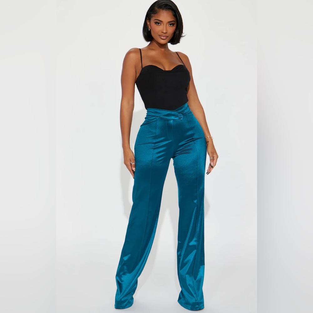 Teal Satin High-Waisted Pants